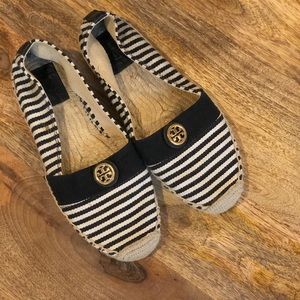 Tory Burch Black White Stripe Espadrille Flats